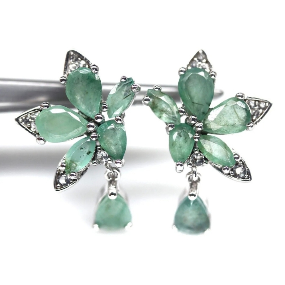 Gorgeous Solid Sterling Silver and Genuine Emerald Huggie Dangle Earrings!💕